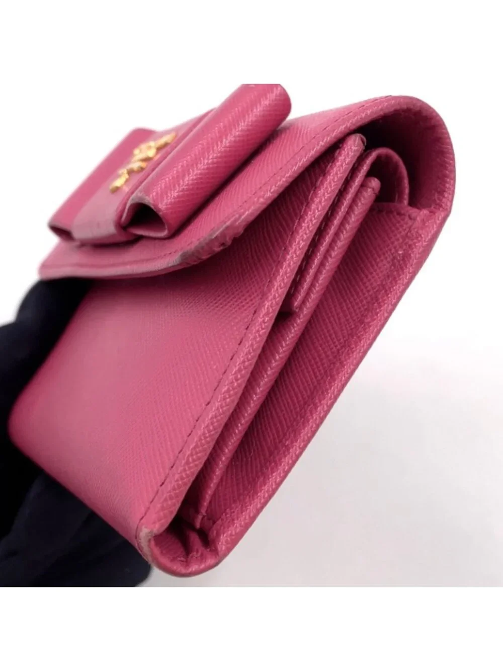 Prada Saffiano Fiocco Leather Pink Trifold Wallet Gold